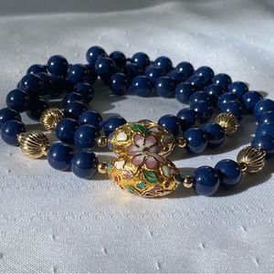 Vintage Long Cloisonne Gold Oval-Shaped & Blue Gemstone Bead Necklace 32"